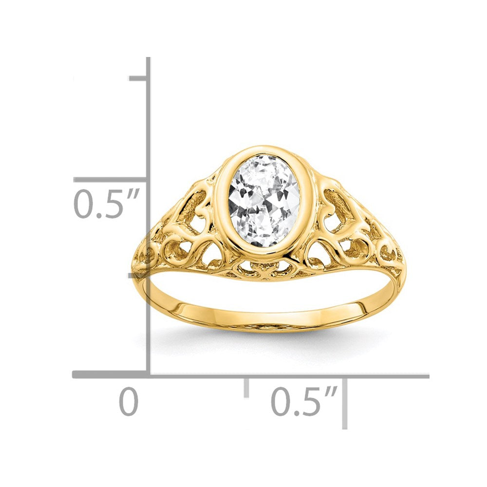 14k 7x5mm Oval Cubic Zirconia Bezel Heart Filigree Ring