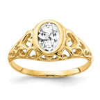 14k 7x5mm Oval Cubic Zirconia Bezel Heart Filigree Ring