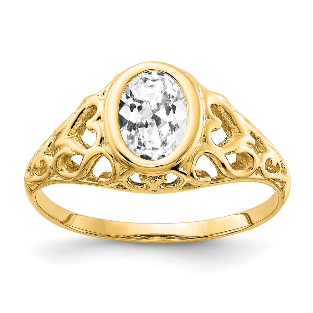 14k 7x5mm Oval Cubic Zirconia Bezel Heart Filigree Ring