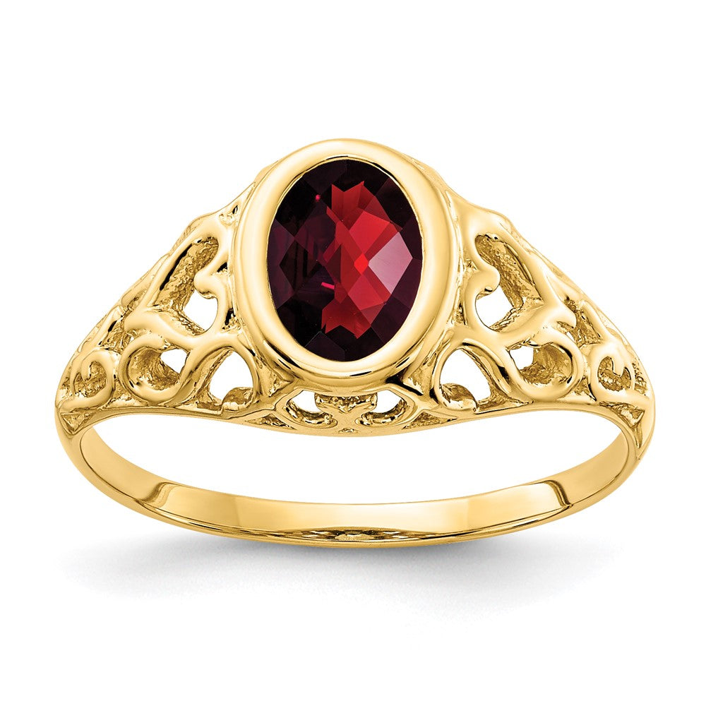 14k 7x5mm Oval Checker-cut Garnet Heart Filigree Ring