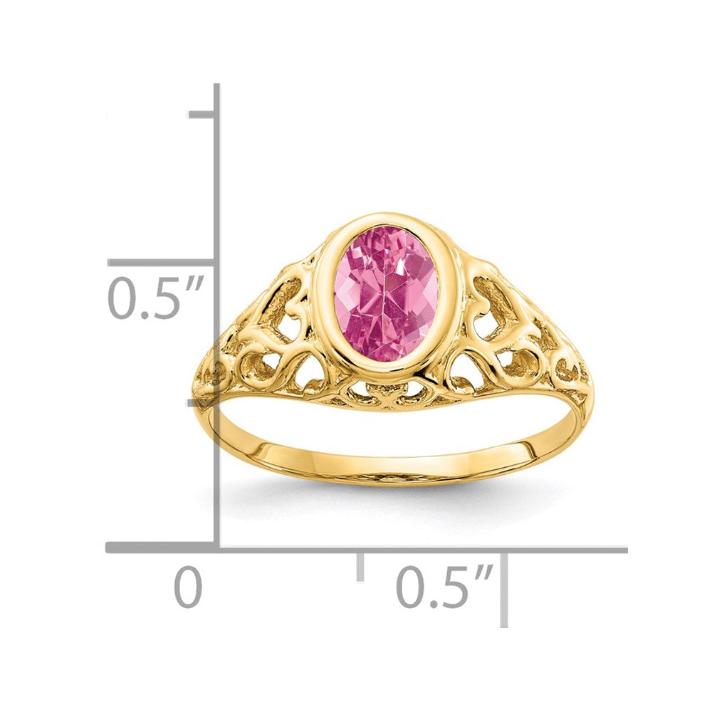 14k 7x5mm Oval Pink Tourmaline Bezel Heart Filigree Ring