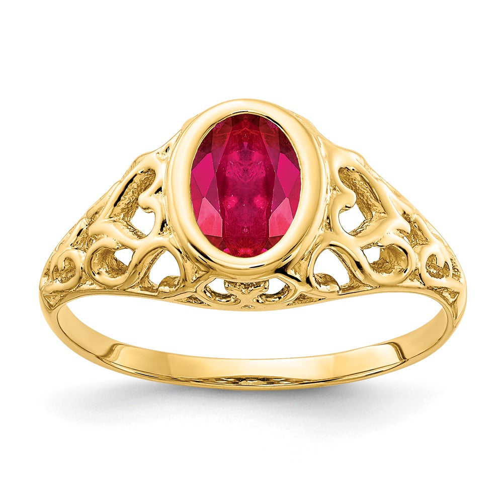 14k 7x5mm Oval Bezel Ruby Heart Filigree Ring