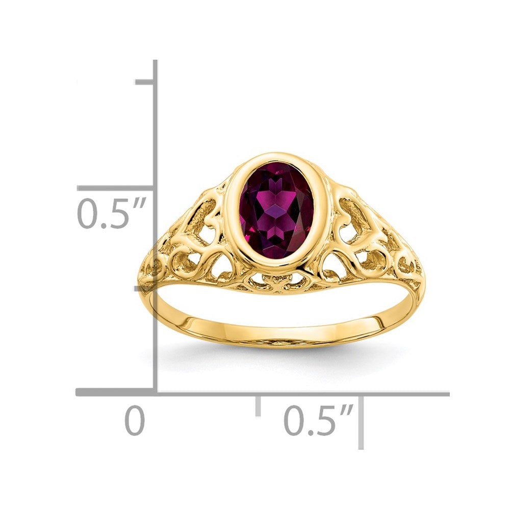 14k 7x5mm Oval Rhodolite Garnet Bezel Heart Filigree Ring