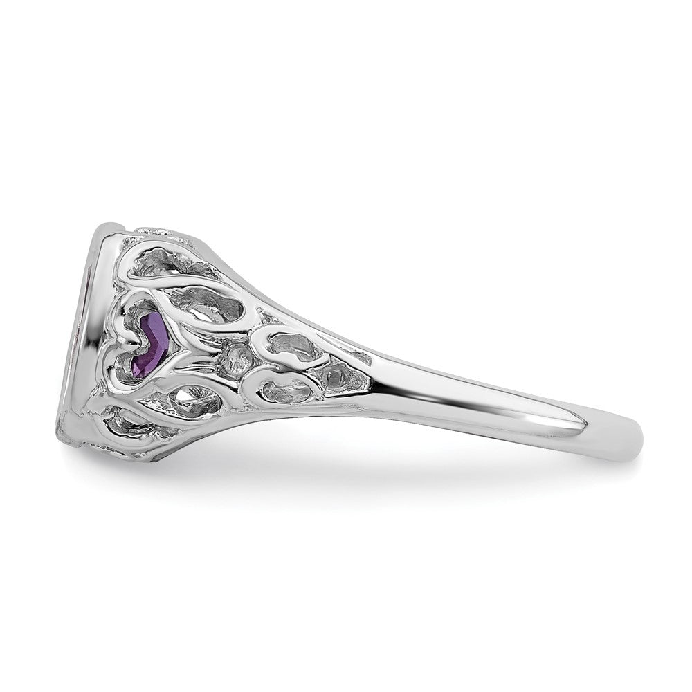 14k White Gold 7x5mm Oval Amethyst Bezel Heart Filigree Ring