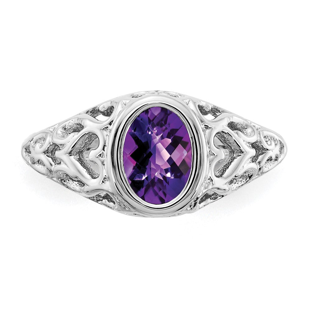 14k White Gold 7x5mm Oval Amethyst Bezel Heart Filigree Ring