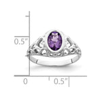 14k White Gold 7x5mm Oval Amethyst Bezel Heart Filigree Ring