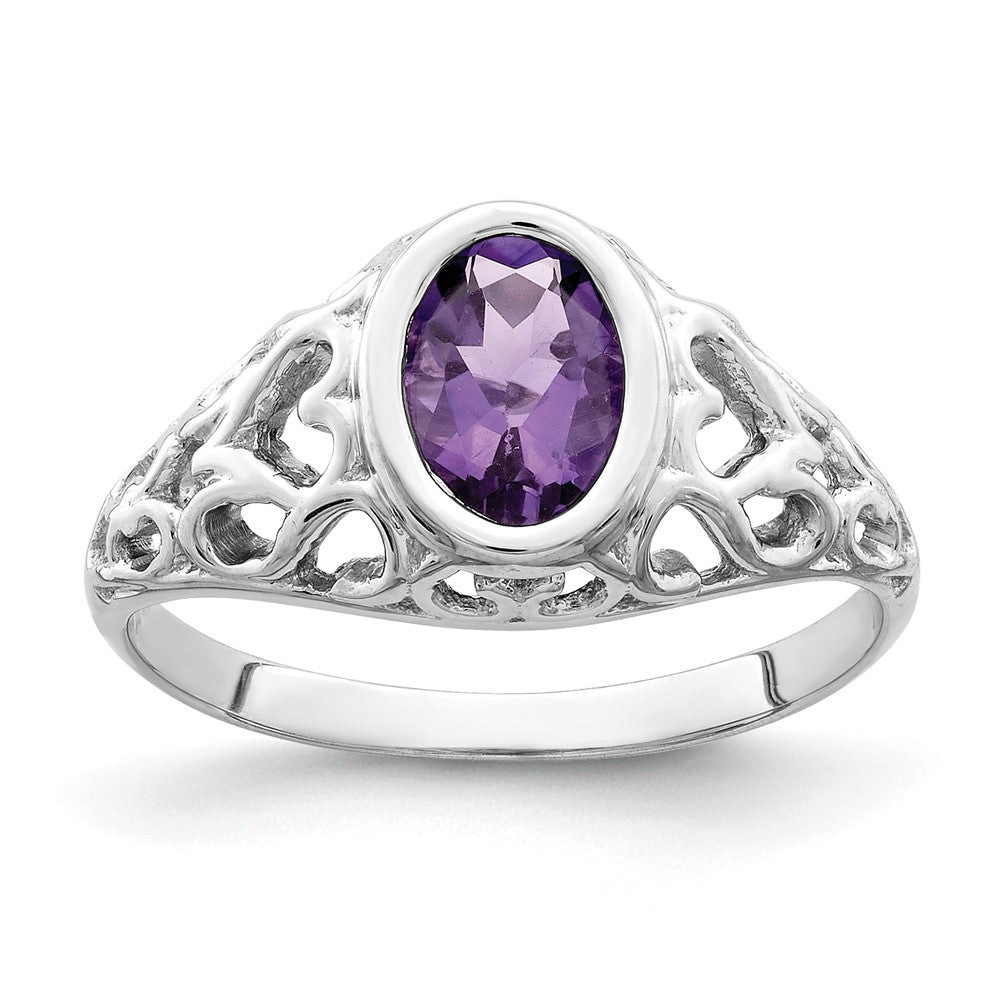 14k White Gold 7x5mm Oval Amethyst Bezel Heart Filigree Ring