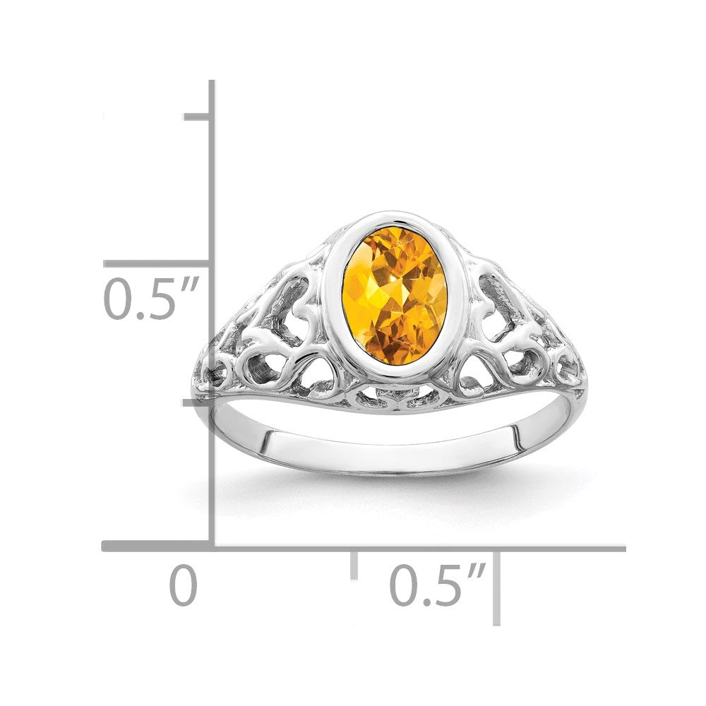 14k White Gold 7x5mm Oval Citrine Bezel Heart Filigree Ring