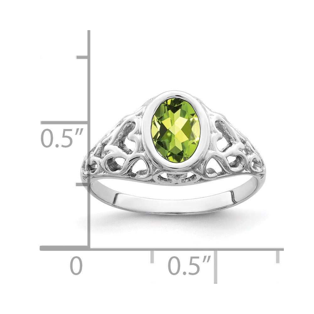 14k White Gold 7x5mm Oval Peridot Bezel Heart Filigree Ring