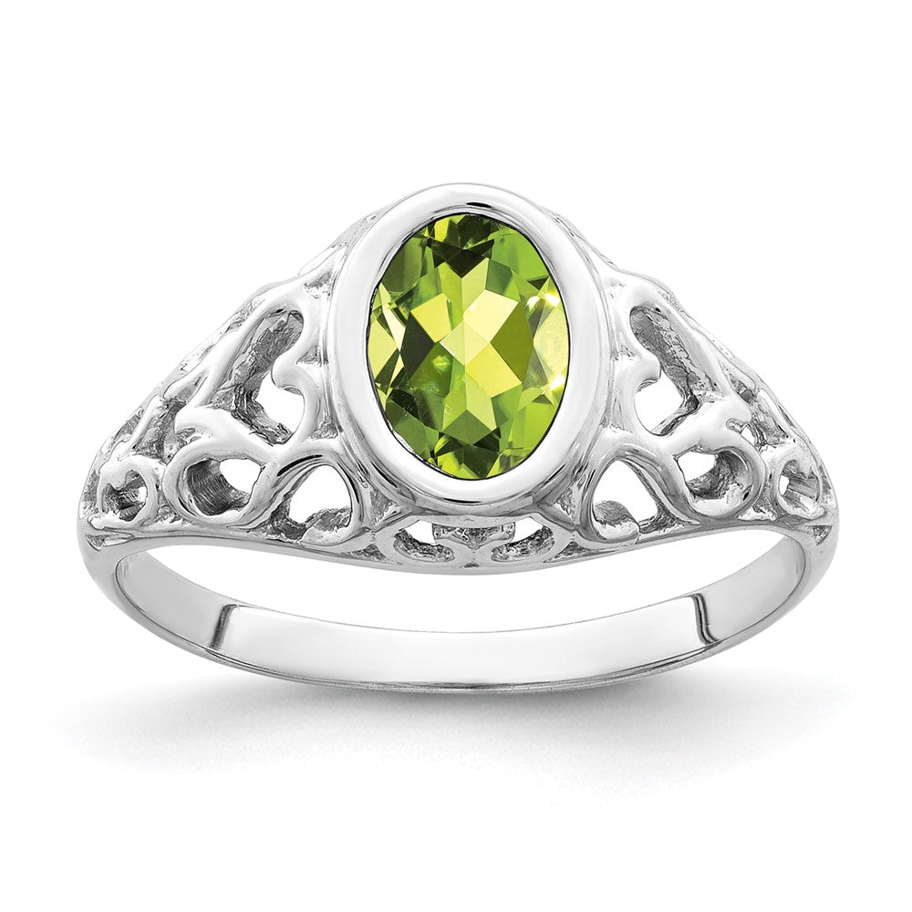 14k White Gold 7x5mm Oval Peridot Bezel Heart Filigree Ring