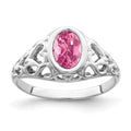 14k White Gold 7x5mm Oval Pink Tourmaline Bezel Heart Filigree Ring