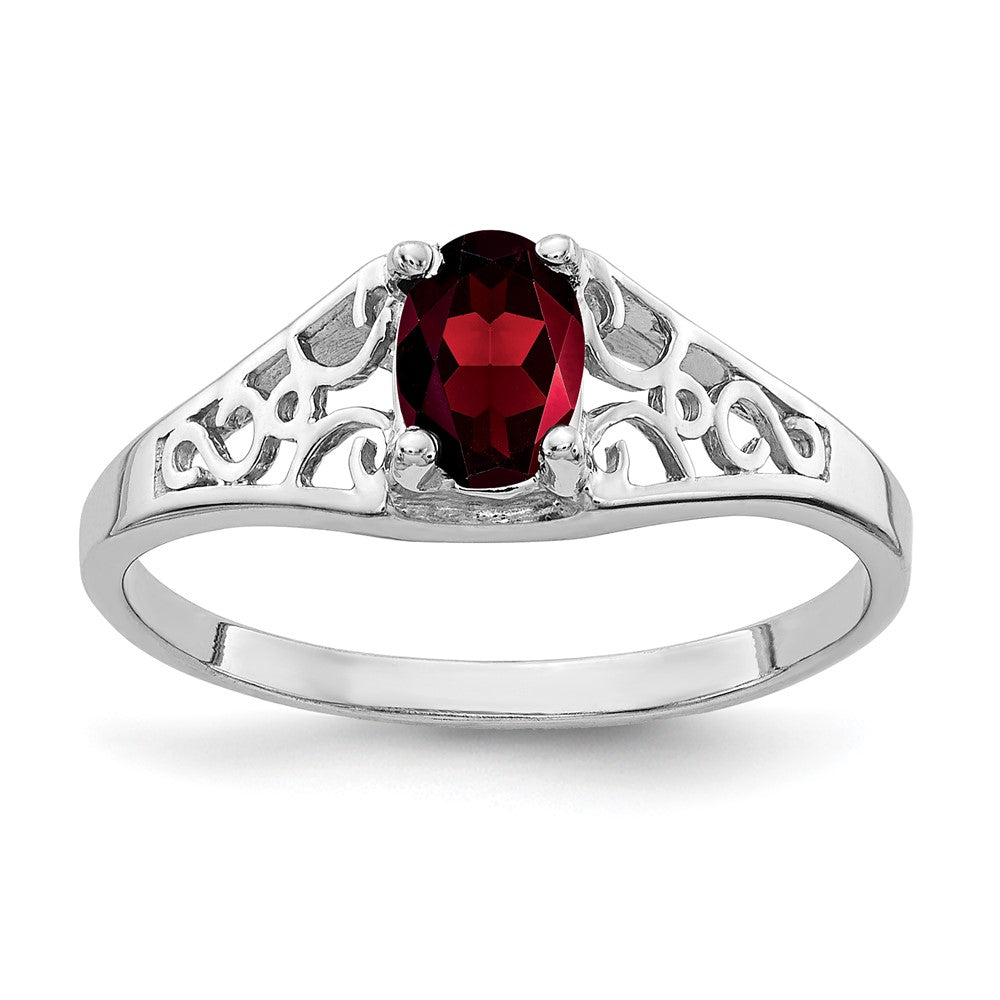 14k White Gold 6x4mm Oval Garnet Filigree Ring