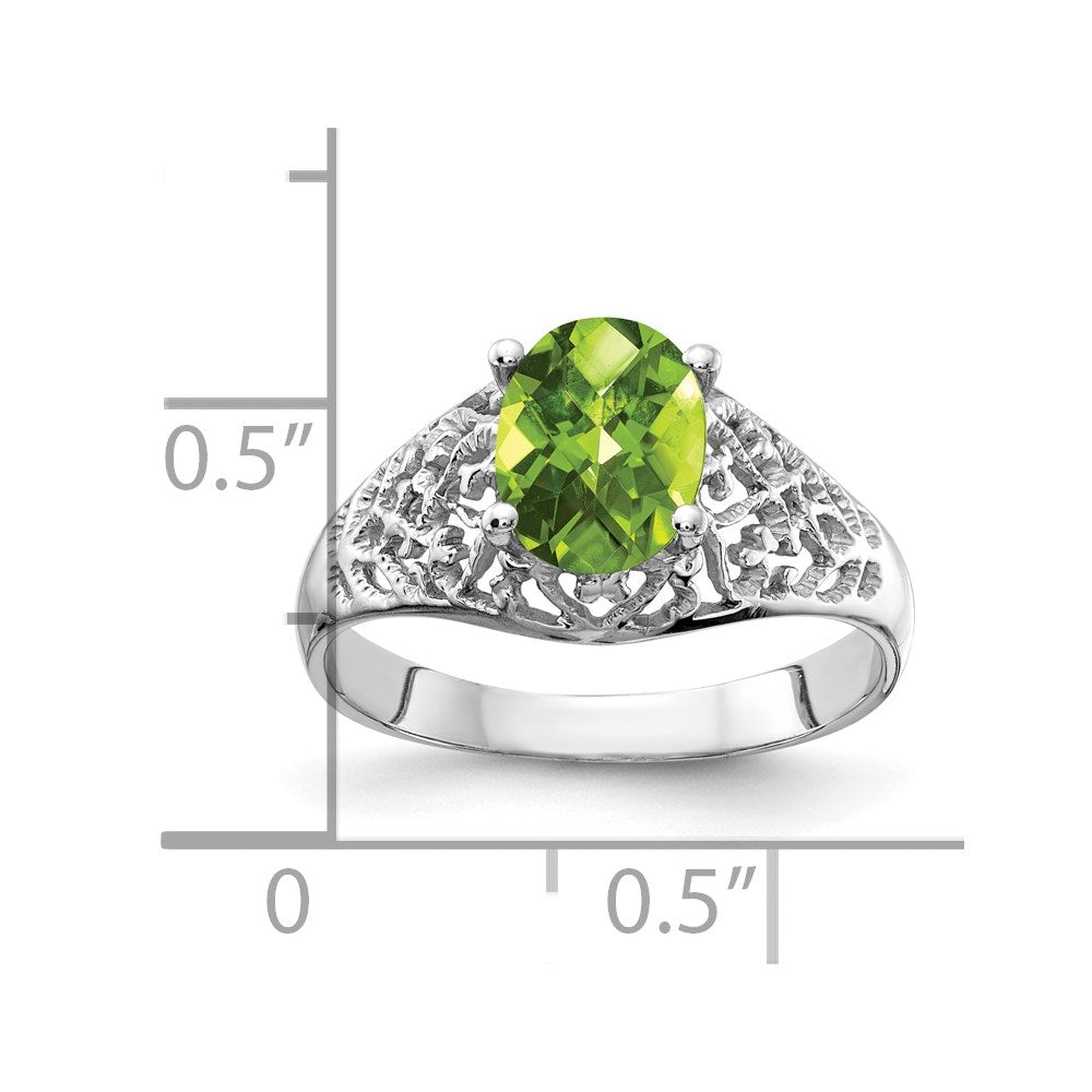 14k White Gold 8x6mm Oval Peridot Checker-cut Filigree Ring