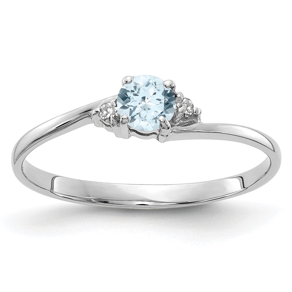 14k White Gold 4mm Round Aquamarine and AA Diamond Ring