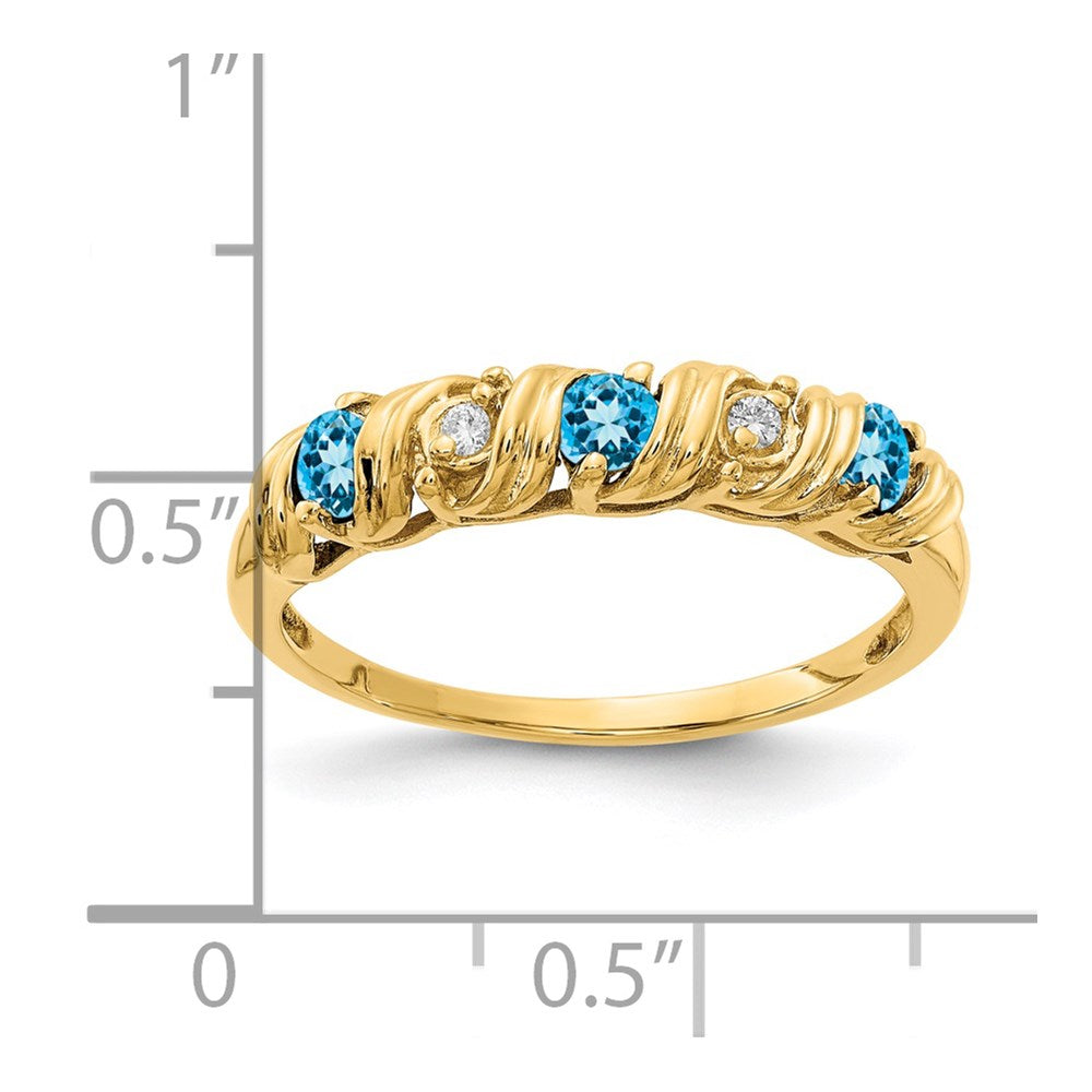 14k 2.75mm Round Blue Topaz and AA Diamond Twist Ring