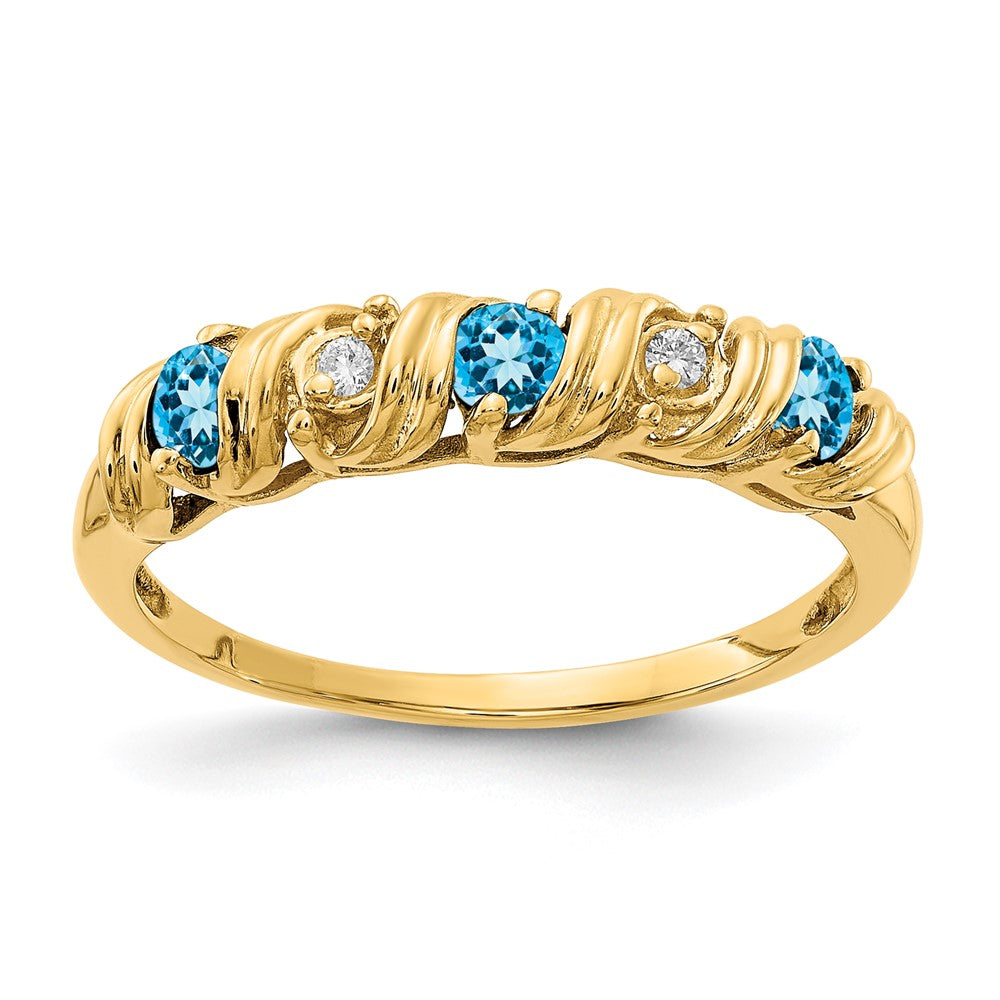 14k 2.75mm Round Blue Topaz and AA Diamond Twist Ring