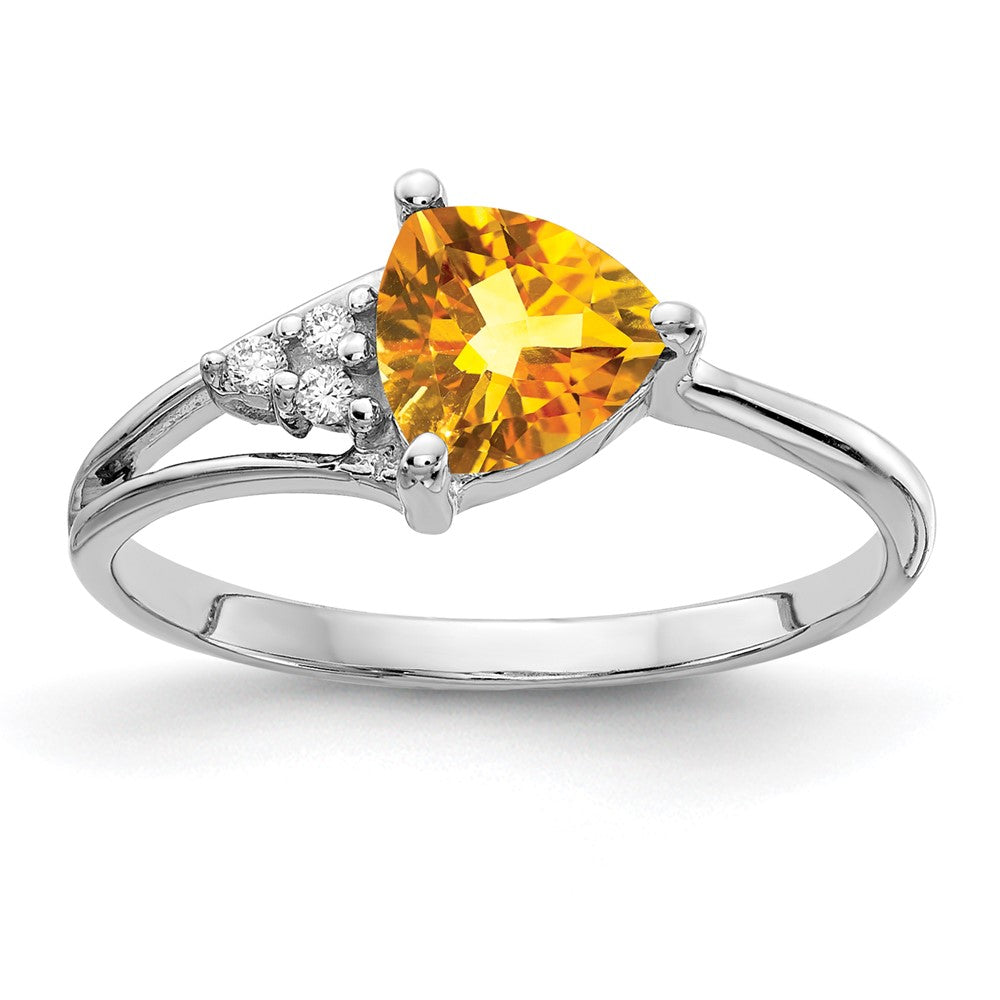 14k White Gold 6mm Trillion Citrine and AAA Diamond Ring