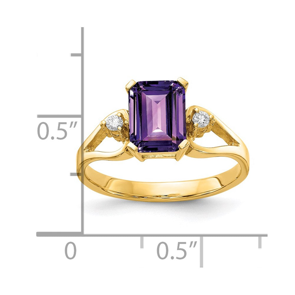 14k 8x6mm Emerald-cut Amethyst and 1/20 carat AA Diamond Ring
