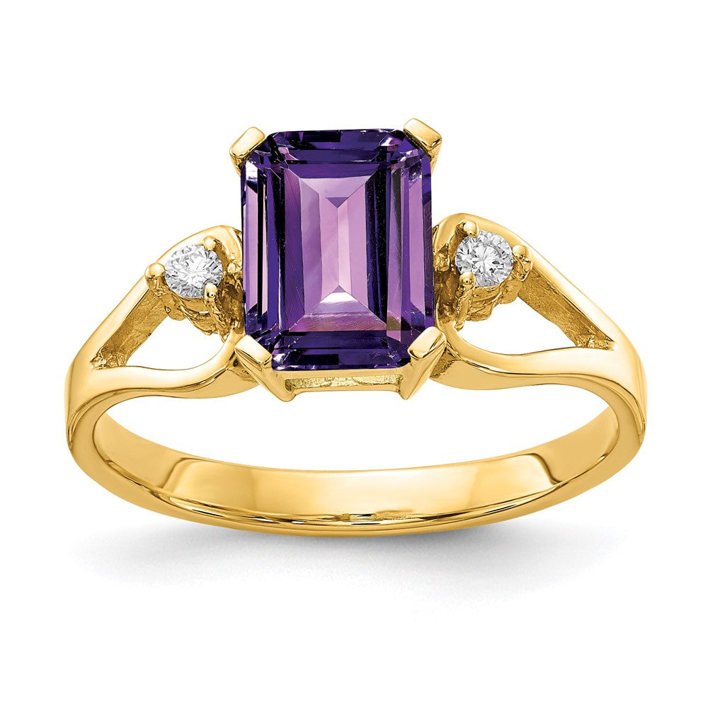 14k 8x6mm Emerald-cut Amethyst and 1/20 carat AA Diamond Ring