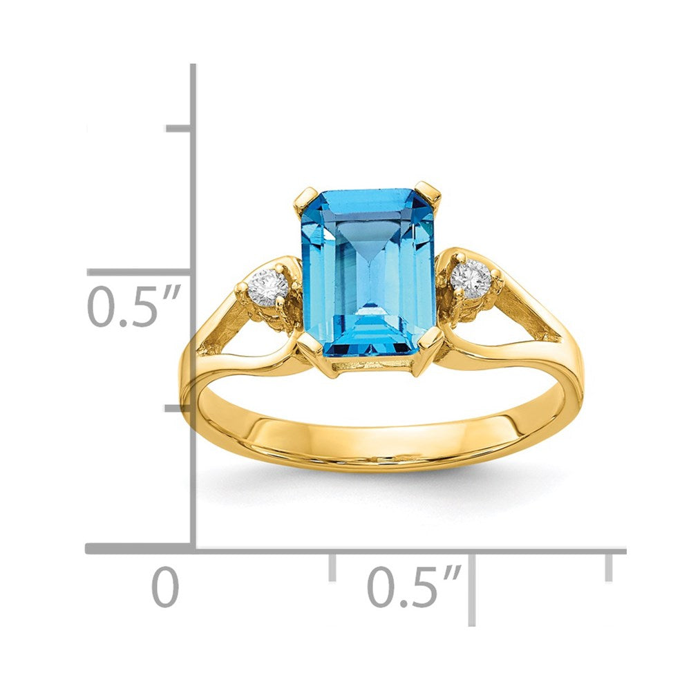 14k 8x6mm Emerald-cut Blue Topaz and 1/20 carat AA Diamond Ring