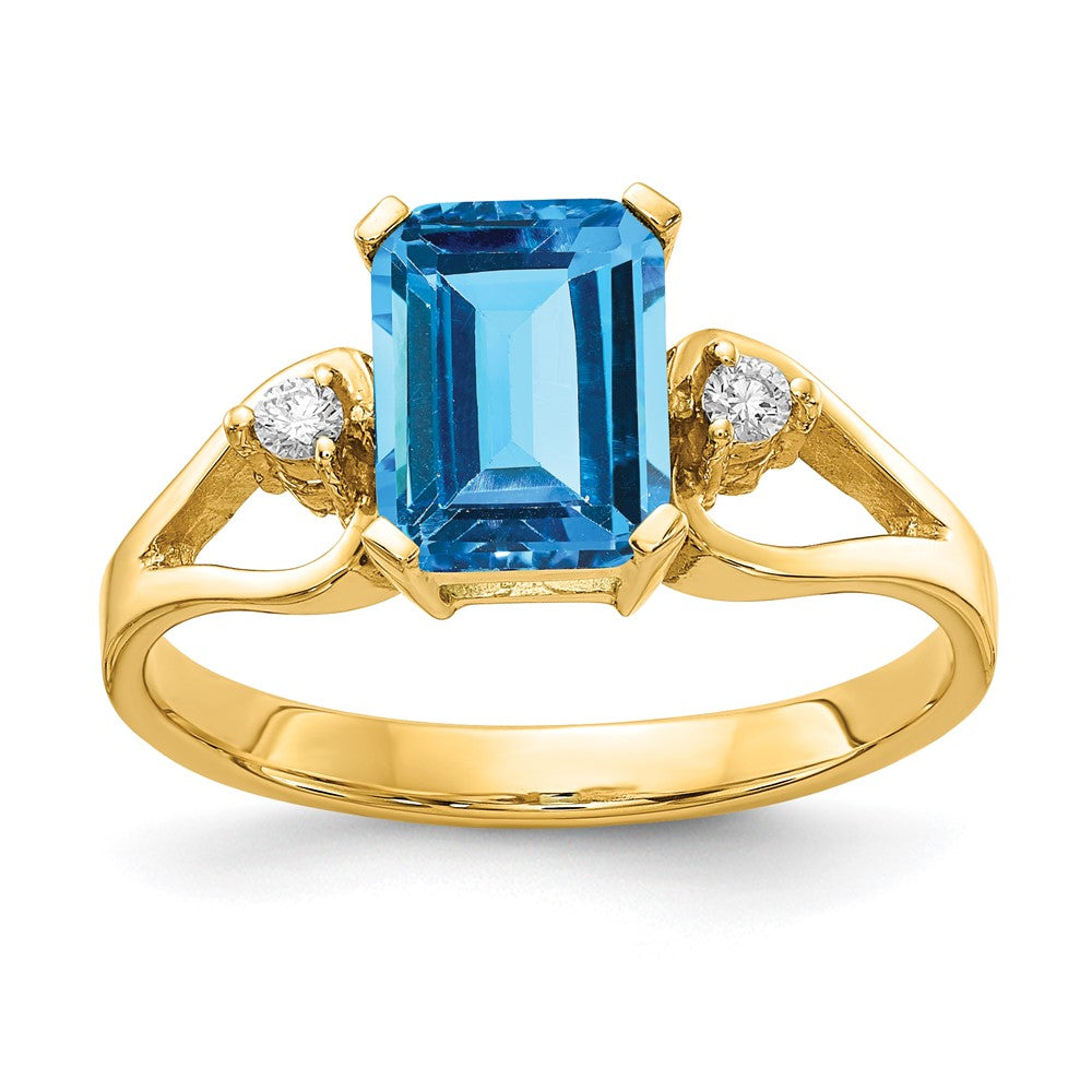 14k 8x6mm Emerald-cut Blue Topaz and 1/20 carat VS Diamond Ring