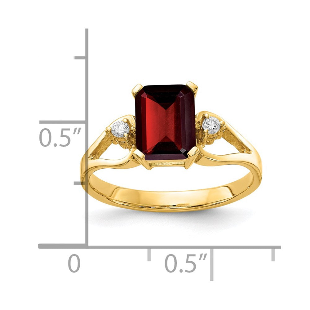14k 8x6mm Emerald-cut Garnet and 1/20 carat AA Diamond Ring