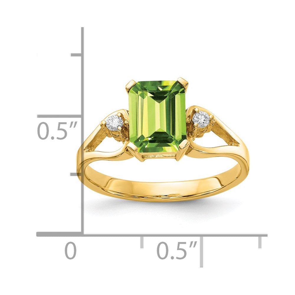 14k 8x6mm Emerald-cut Peridot and 1/20 carat AAA Diamond Ring