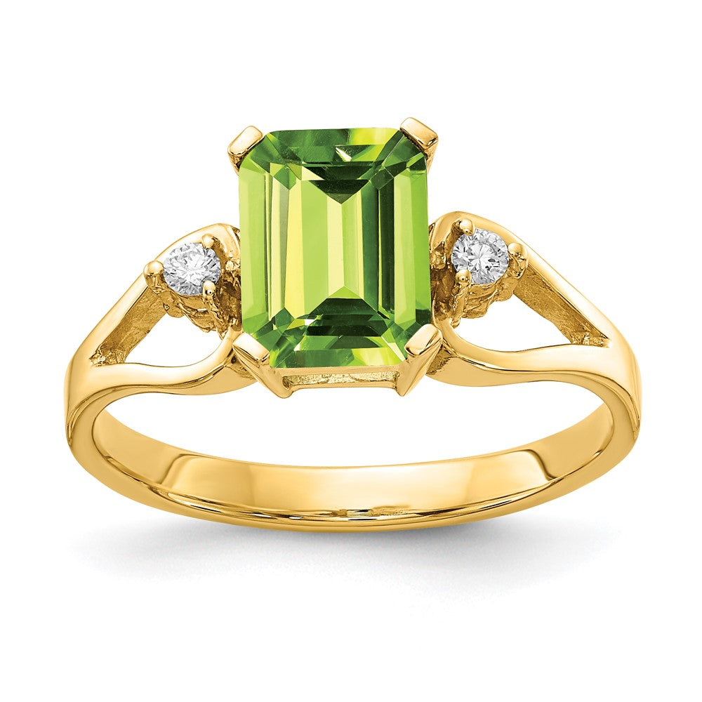 14k 8x6mm Emerald-cut Peridot and 1/20 carat AAA Diamond Ring