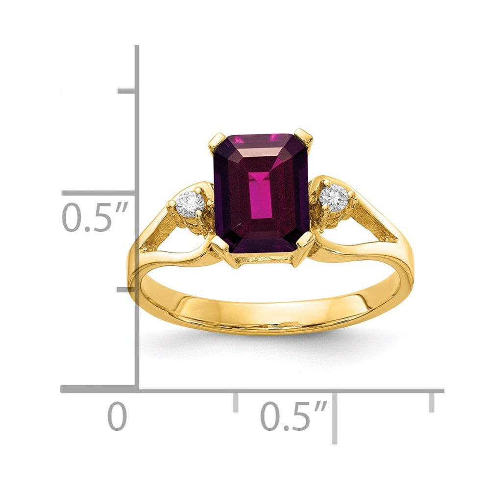 14k 8x6mm Emerald-cut Rhodolite Garnet and 1/20 carat AA Diamond Ring