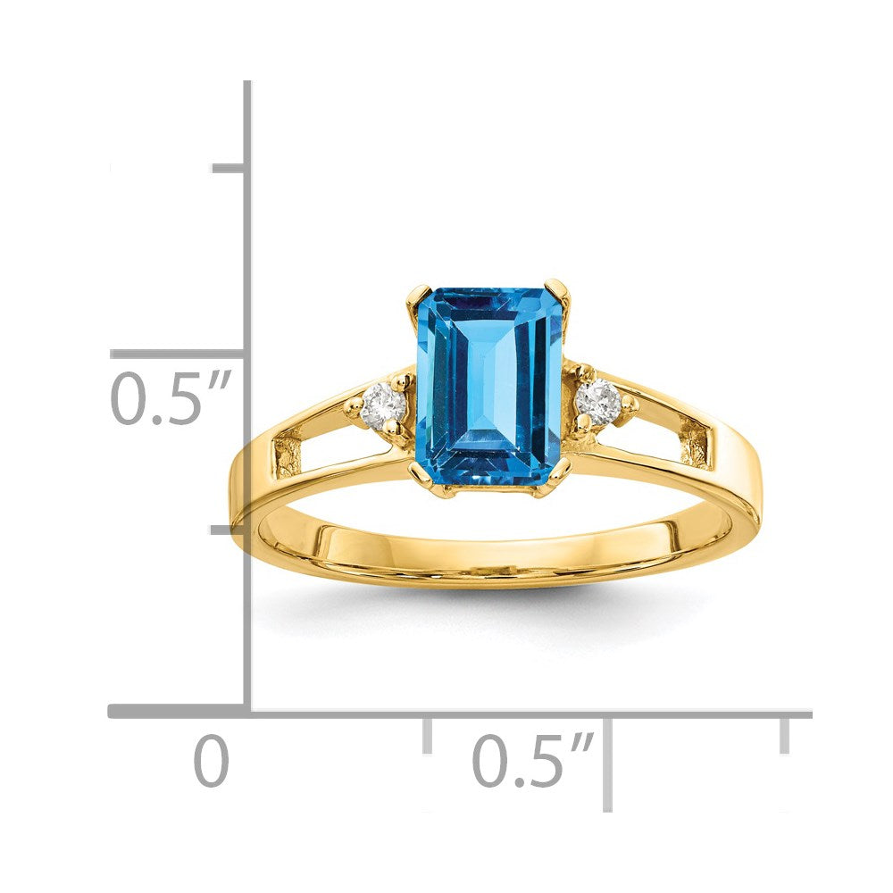 14k 7x5mm Emerald-cut Blue Topaz and 1/20 carat A Diamond Ring
