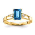 14k 7x5mm Emerald-cut Blue Topaz and 1/20 carat AA Diamond Ring