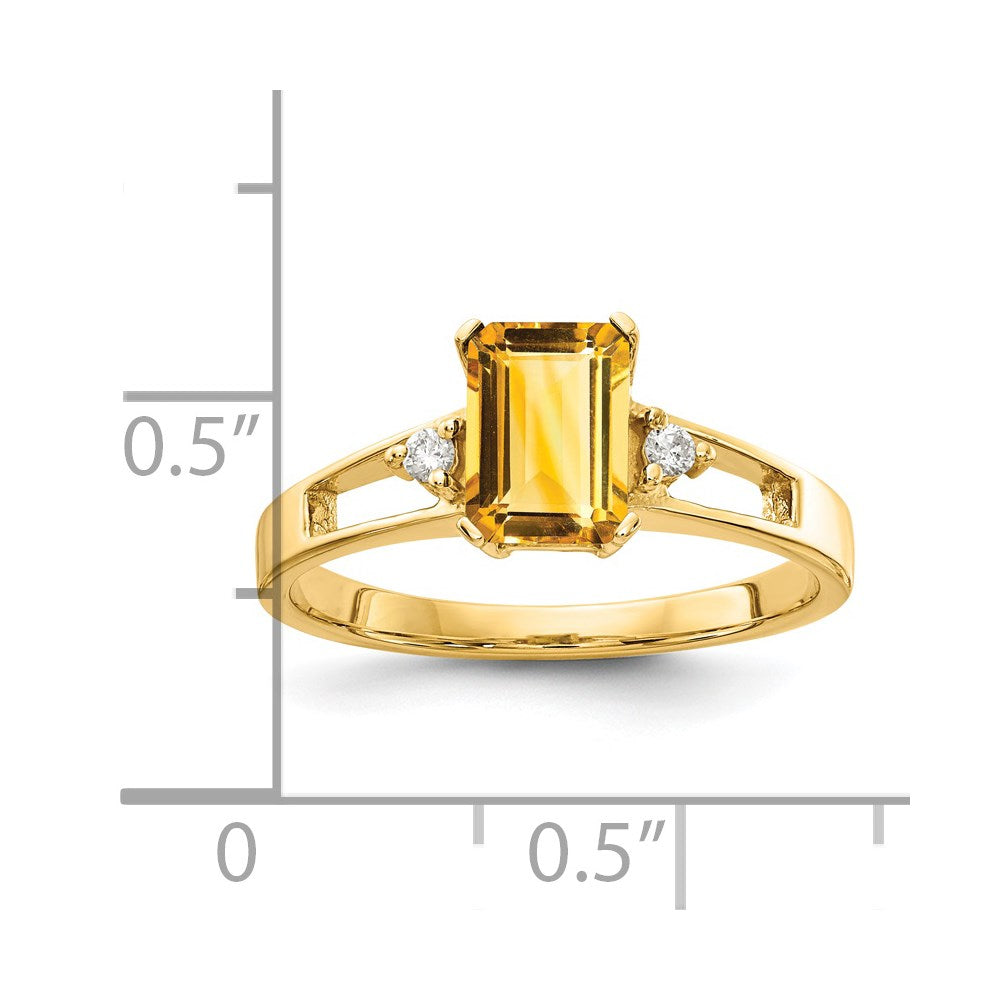 14k 7x5mm Emerald-cut Citrine and 1/20 carat A Diamond Ring