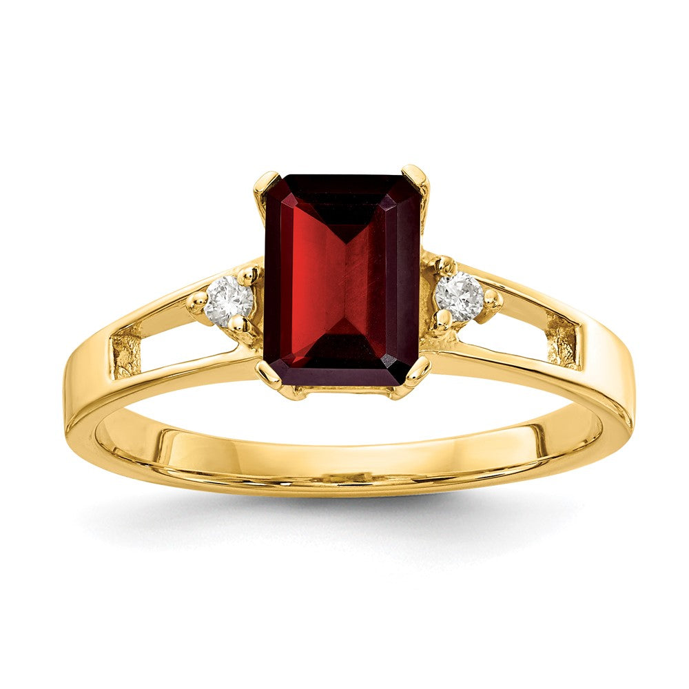 14k 7x5mm Emerald-cut Garnet and 1/20 carat A Diamond Ring