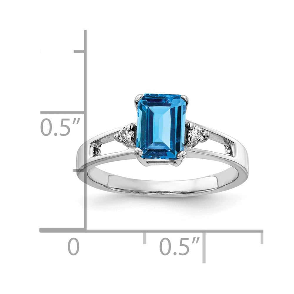 14k White Gold 7x5mm Emerald-cut Blue Topaz and 1/20 carat A Diamond Ring