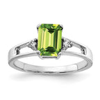 14k White Gold 7x5mm Emerald Cut Peridot and 1/20 carat AA Diamond Ring