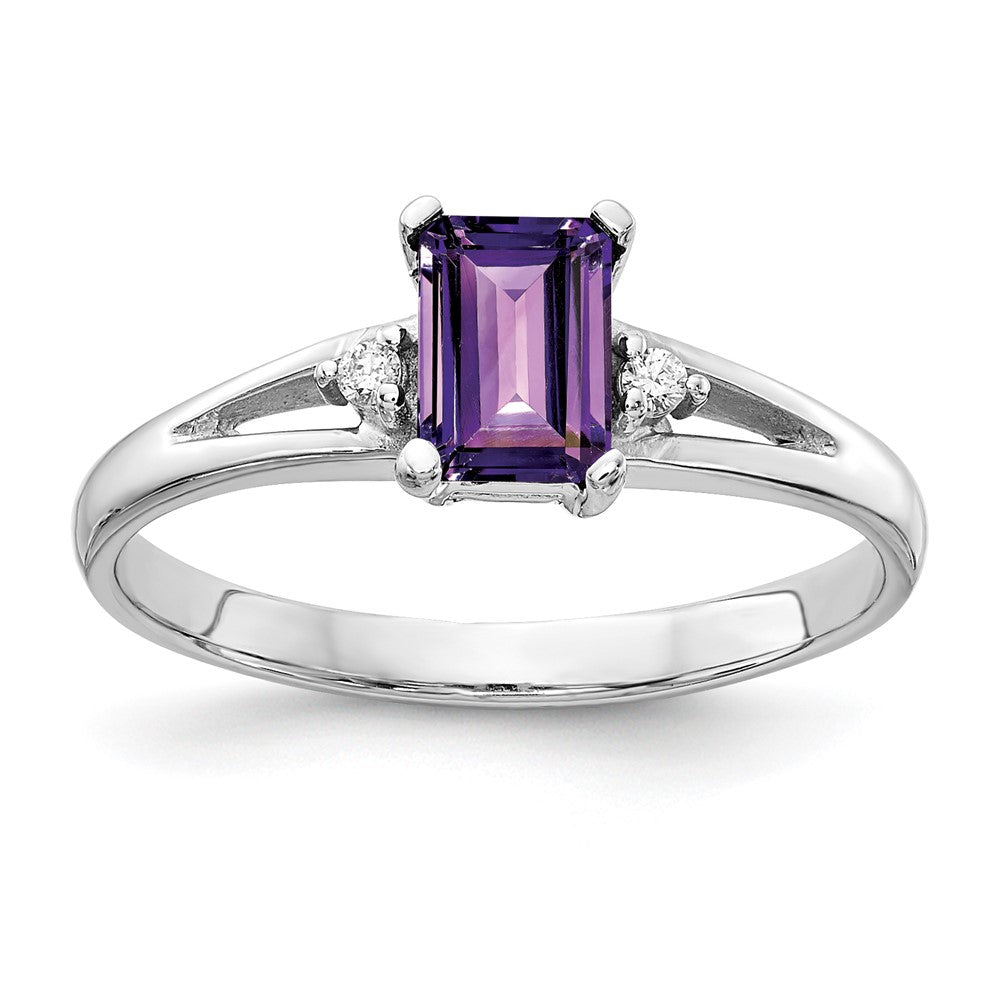 14k White Gold 6x4mm Emerald-cut Amethyst and VS Diamond Ring