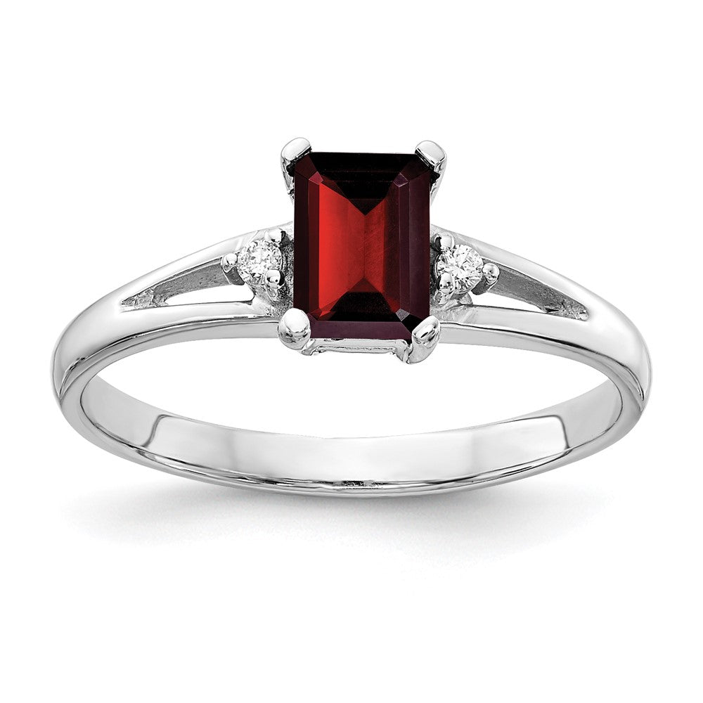 14k White Gold 6x4mm Emerald-cut Garnet and A Diamond Ring