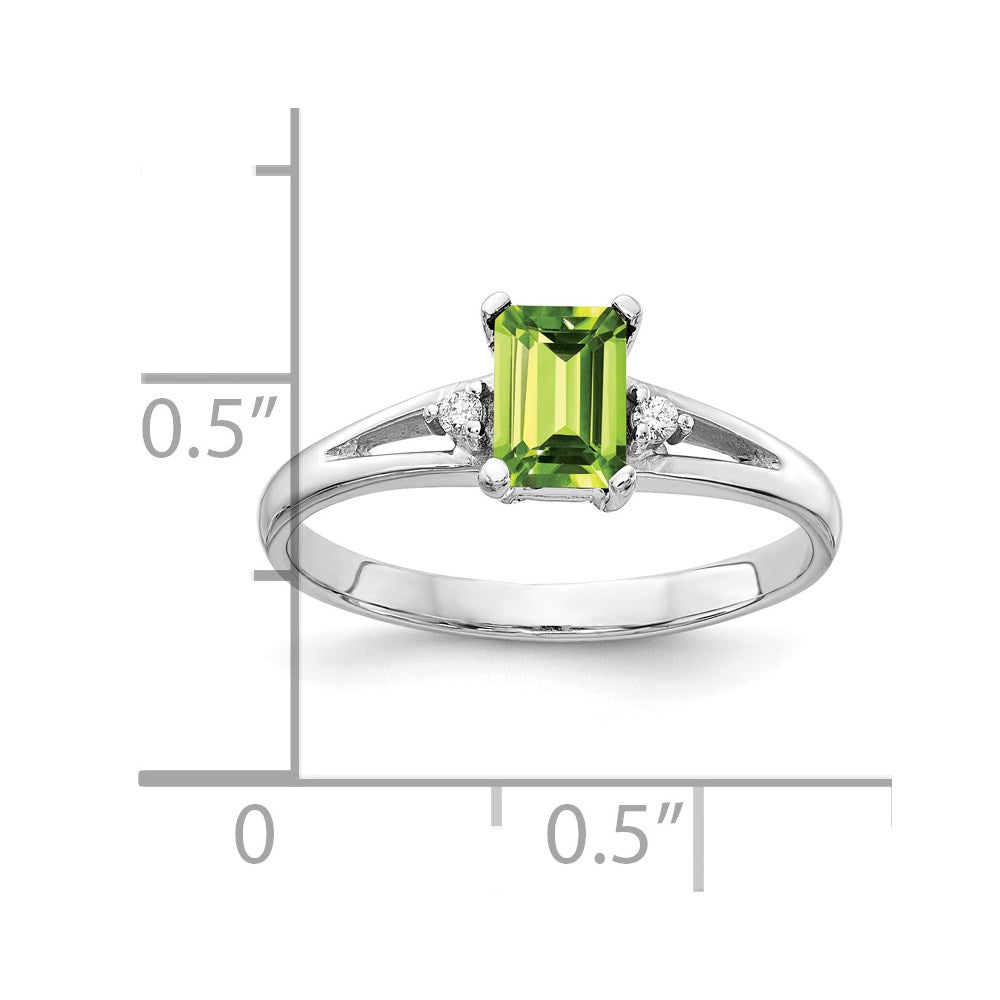 14k White Gold 6x4mm Emerald-cut Peridot and AA Diamond Ring
