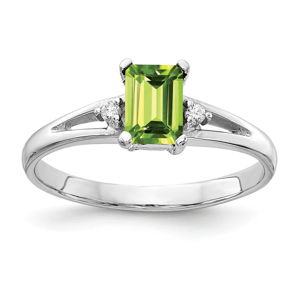 14k White Gold 6x4mm Emerald-cut Peridot and AA Diamond Ring