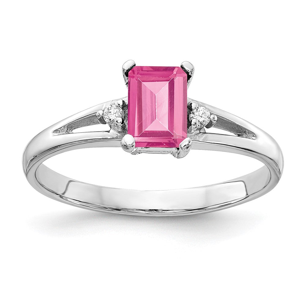 14k White Gold 6x4mm Emerald-Cut Pink Tourmaline and AAA Diamond Ring
