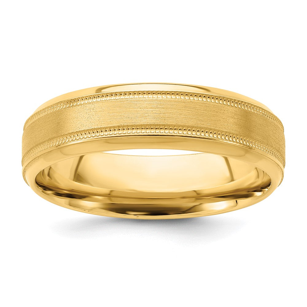 14k Yellow Gold 6mm Standard Weight Comfort Fit Brushed Satin/Polished Milgrain Grooved Edge Wedding Band