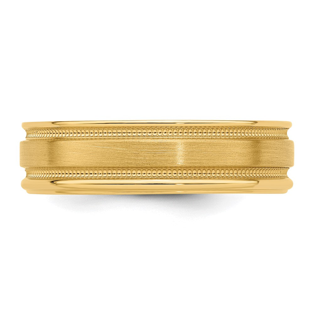 14k Yellow Gold 6mm Lightweight Comfort Fit Brushed Satin/Polished Milgrain Grooved Edge Wedding Band