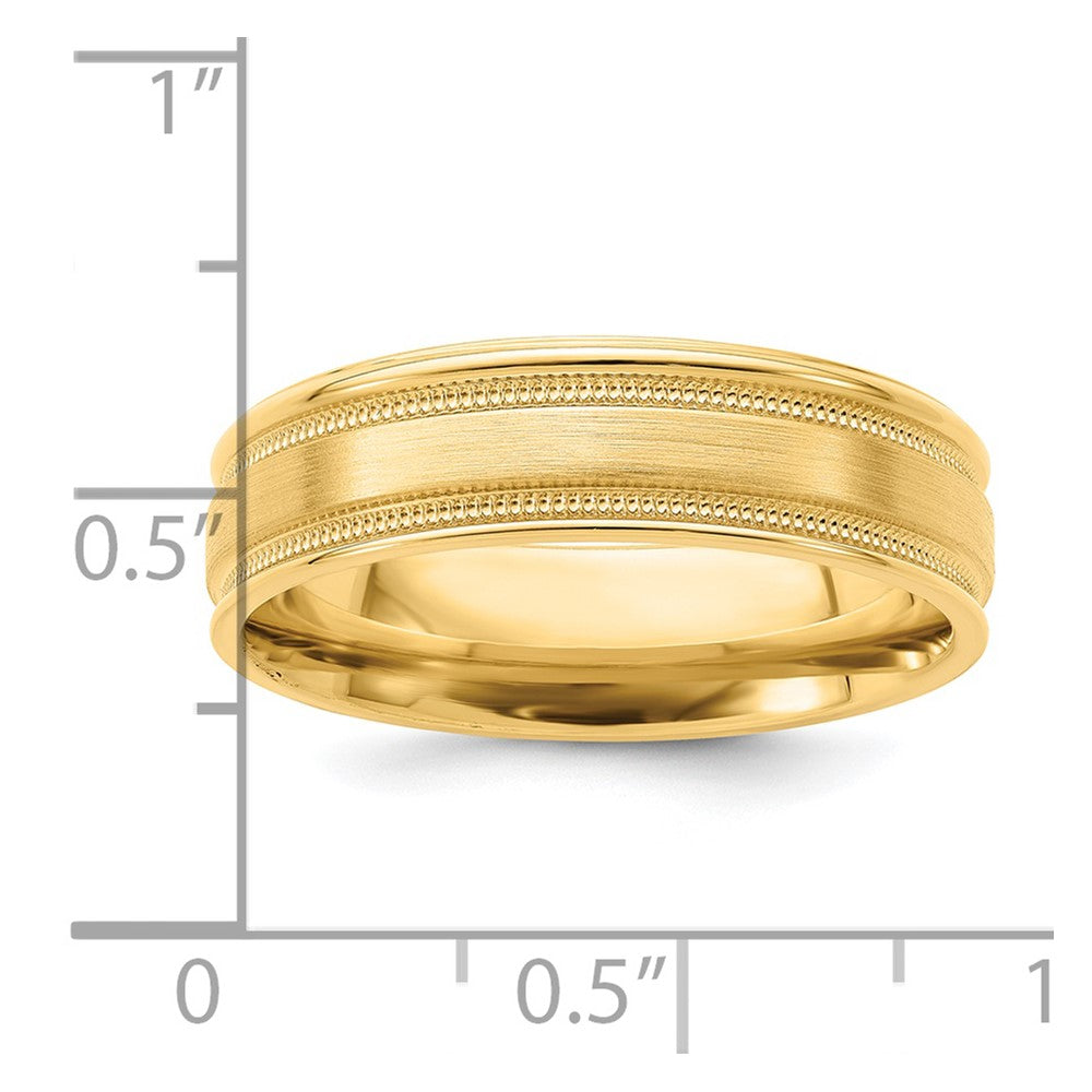 14k Yellow Gold 6mm Standard Weight Comfort Fit Brushed Satin/Polished Milgrain Grooved Edge Wedding Band