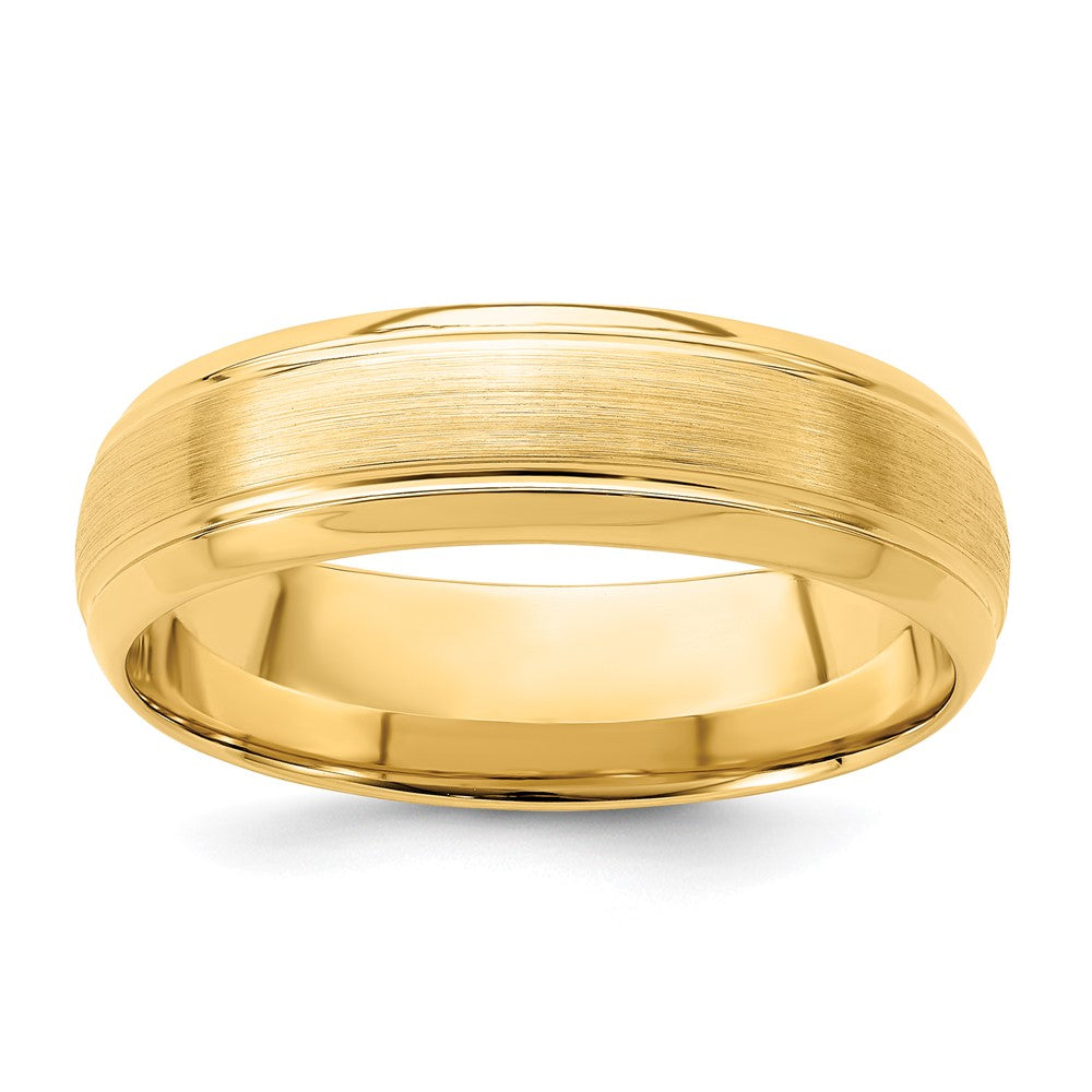 14k Yellow Gold 6mm Standard Weight Comfort Fit Brushed Satin Line Edge Wedding Band