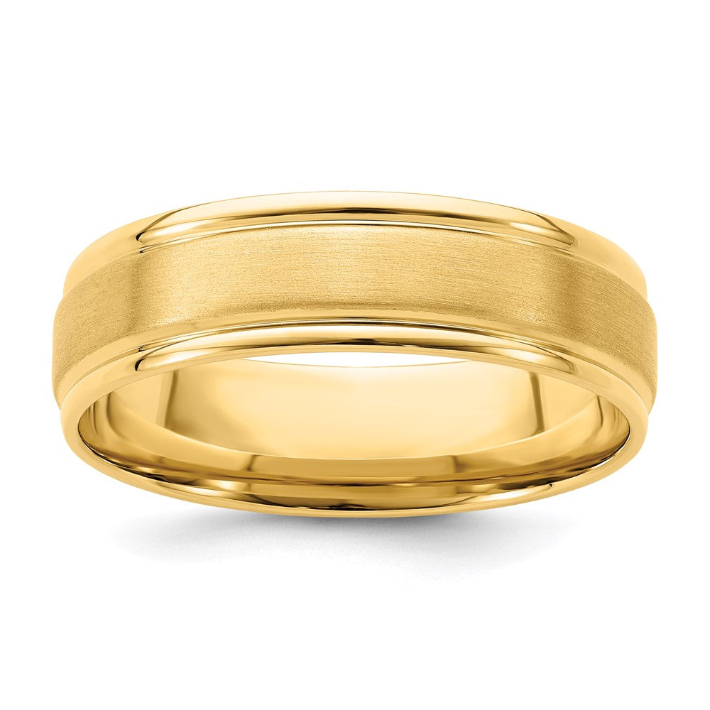 14k Yellow Gold 6mm Standard Weight Comfort Fit Brushed Satin/Polished Grooved Edge Wedding Band