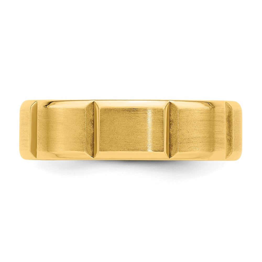 14k Yellow Gold 6mm Standard Weight Comfort Fit Brushed/Polished Beveled Edge with Vertical Lines Wedding Band