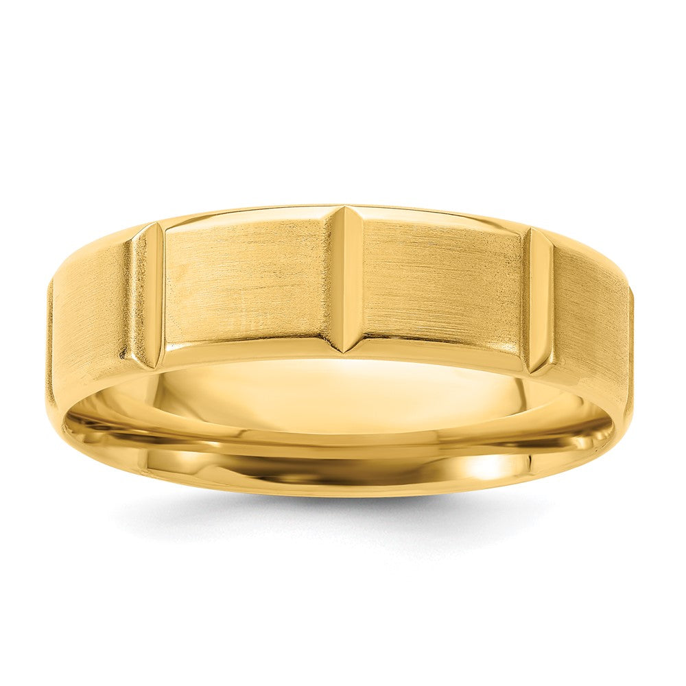 14k Yellow Gold 6mm Heavyweight Comfort Fit Brushed/Polished Beveled Edge with Vertical Lines Wedding Band