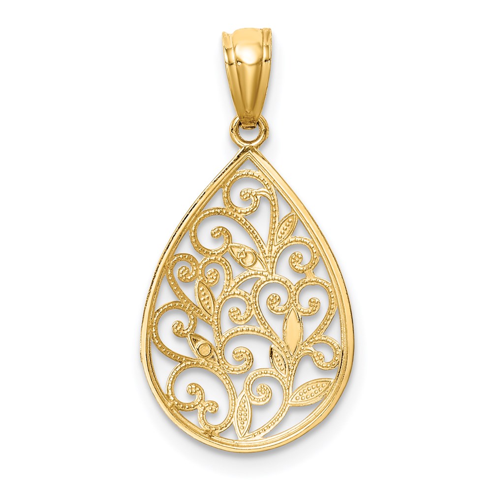 14K Polished and Textured Small Filigree Teardrop Pendant