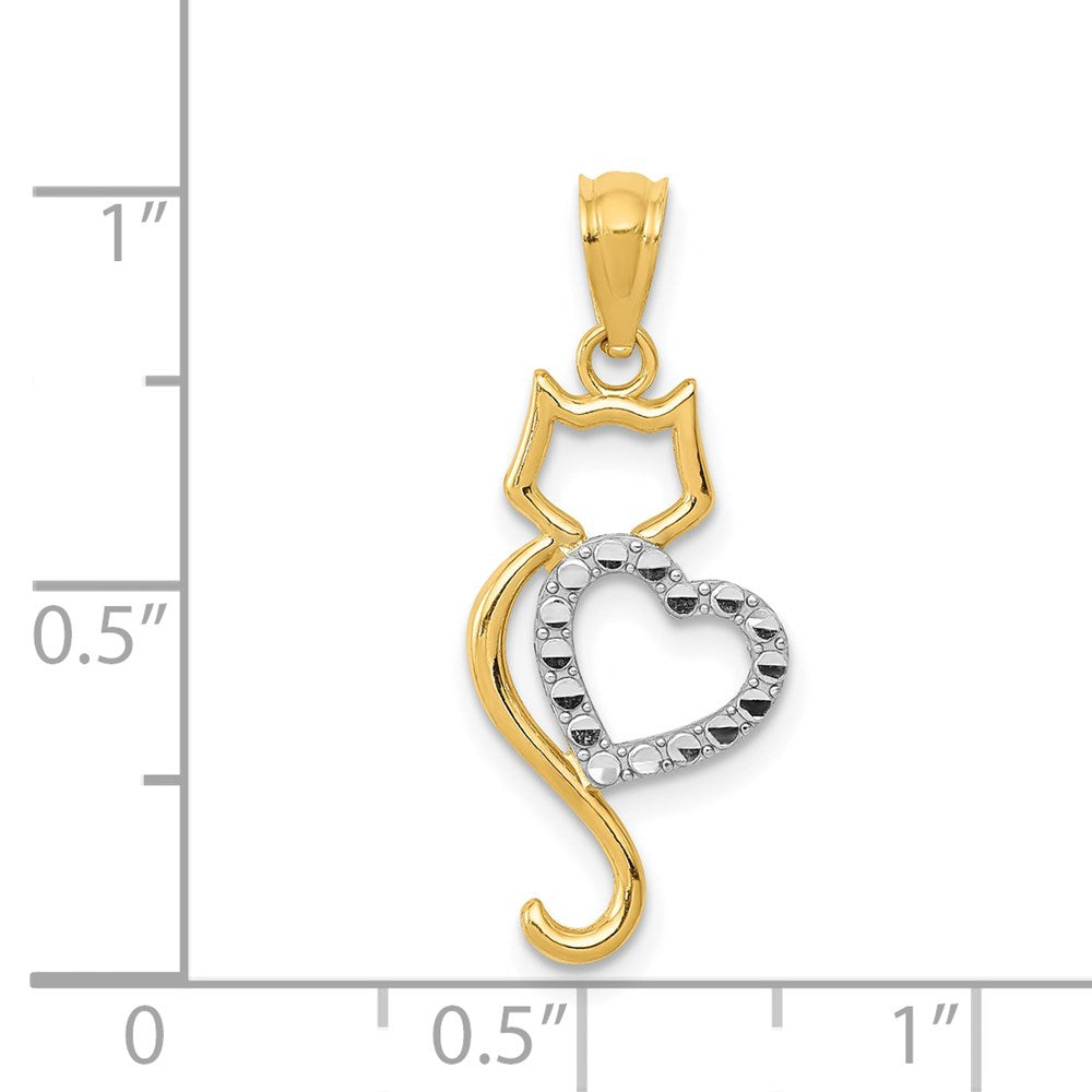 14k and White Rhodium Polished Cat with Heart Pendant