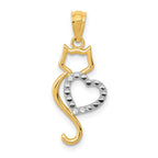 14k and White Rhodium Polished Cat with Heart Pendant